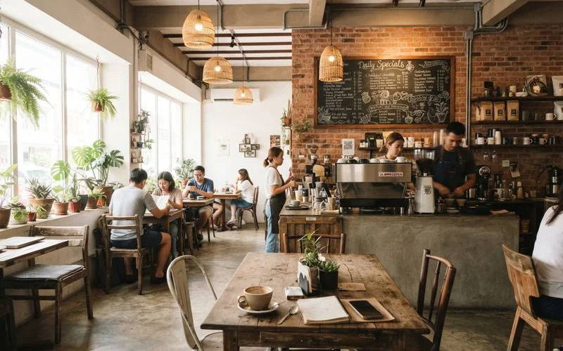 A busy Petaling Jaya cafe interior with customers seated at wooden tables near a coffee bar and roastery equipment